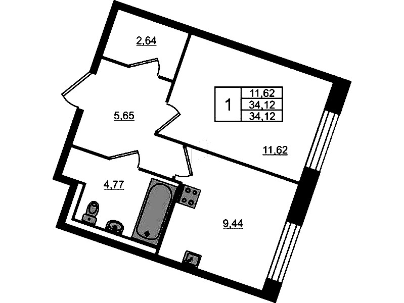 1-комнатная квартира 34.12 м², 1/9 эт., ЖК «Квартал Лаголово»
